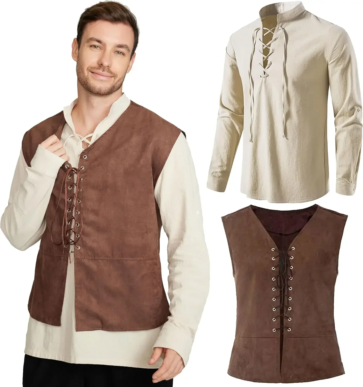 Medieval Gothic Lace Up Pirate Shirt - Ensemble 2 pièces : Gilet de