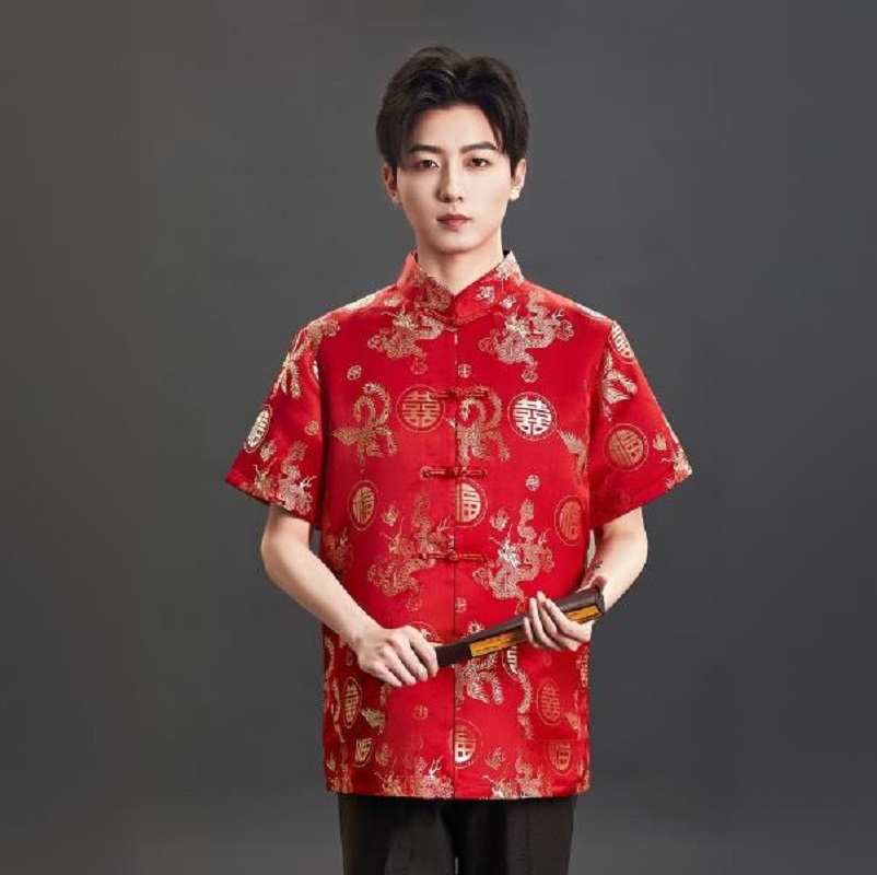 Mens Satin Silk Dress Shirt - Nouveau T-shirt Tang en satin brodé