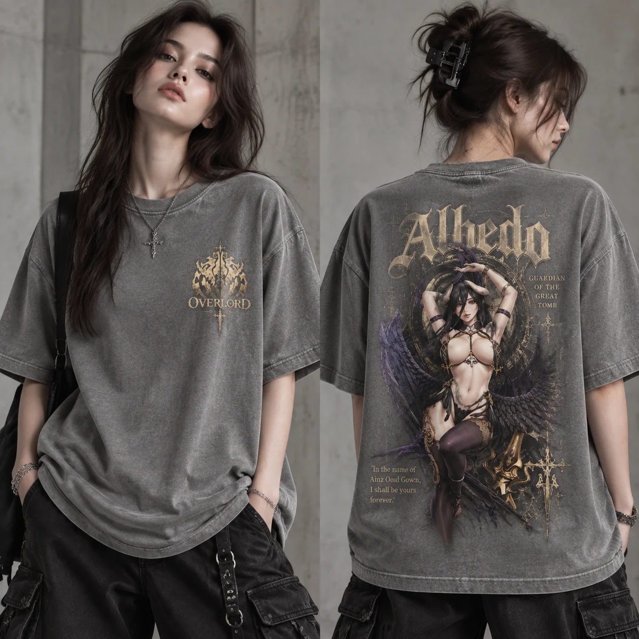 Acid Wash Vintage Graphic T Shirt - T-shirt graphique Albedo Overlord, T-shirt oversize